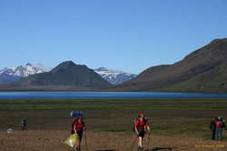 Hikers getting ready to leave Alftavatn