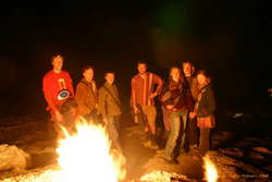 Karl, Ben, Matt, Jared, Morgs, Jesse, Nerida watching the flames
