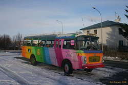 A hippie bus in a nice quiet suburb
