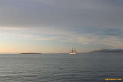 The Gorch Fock bathed in sunset, off Laugarnes