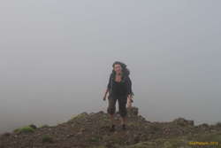 Karolina climbing in the fog