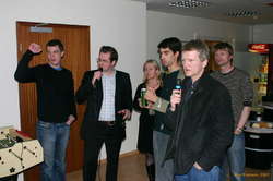 The crowd stares intently, Simmi, Mr Scrum, Esther, Fernando, Tóti and Olstar
